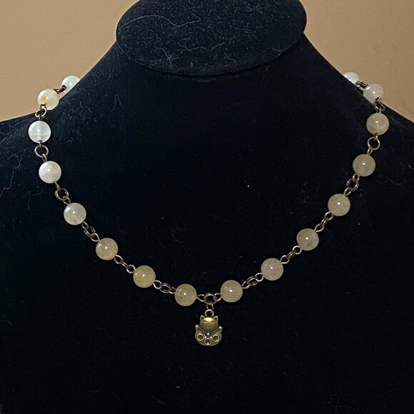 Natural Yellow Aventurine Necklace, Bronze Fortune Cat + Genuine Gemstone Choker - Picture 3 of 14